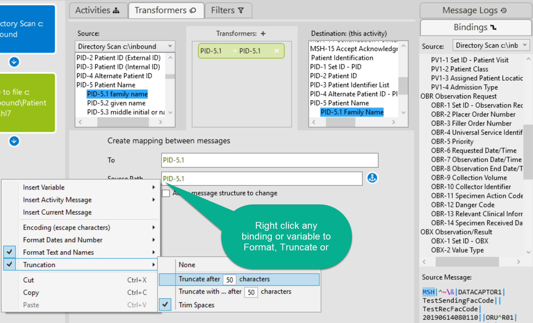 Creating formatting via the right click menu on a binding