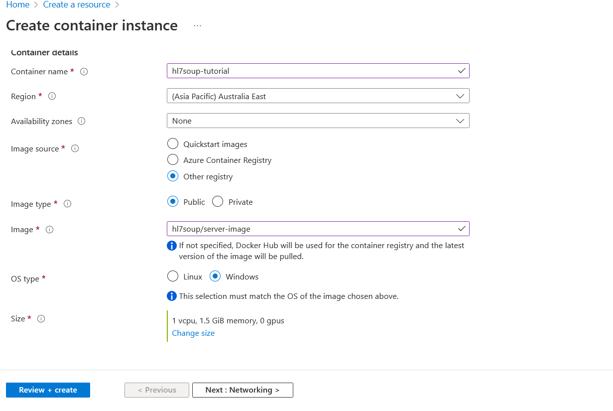Azure Container Instance Basic Settings