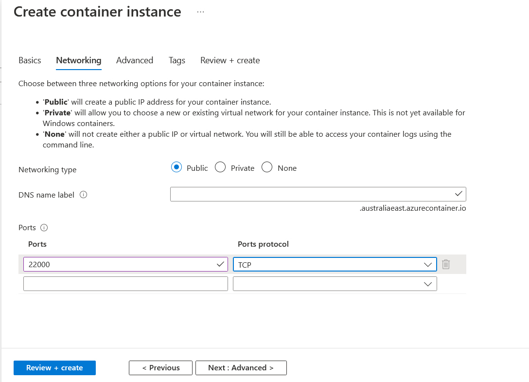 Azure Container Instance Network Settings