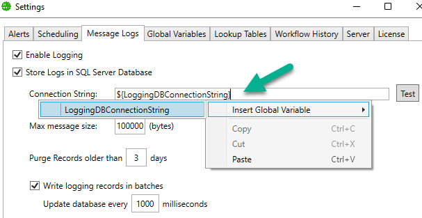 Using global variable to set the connection string