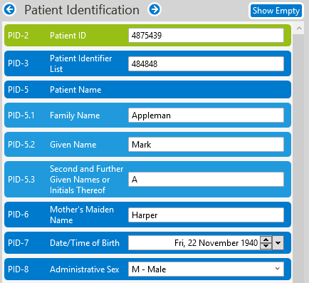 HL7 Segments grid showing PID